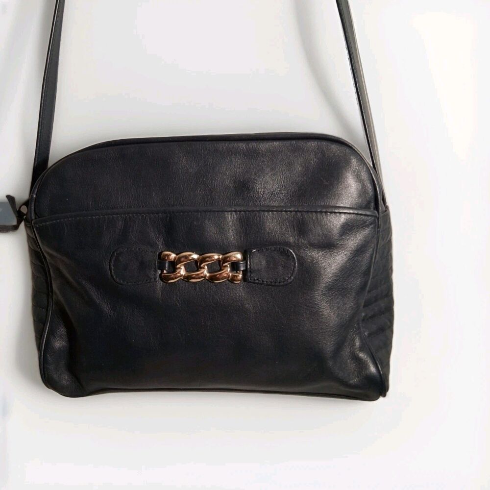 Giani Bernini Navy Blue Leather Crossbody Bag Gold Chain Accent Quilted Sides